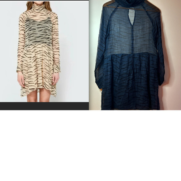 Ganni Whitman Chiffon Zebra Print Dress 34 XS Blue Black Mockneck Turtleneck - Picture 1 of 9